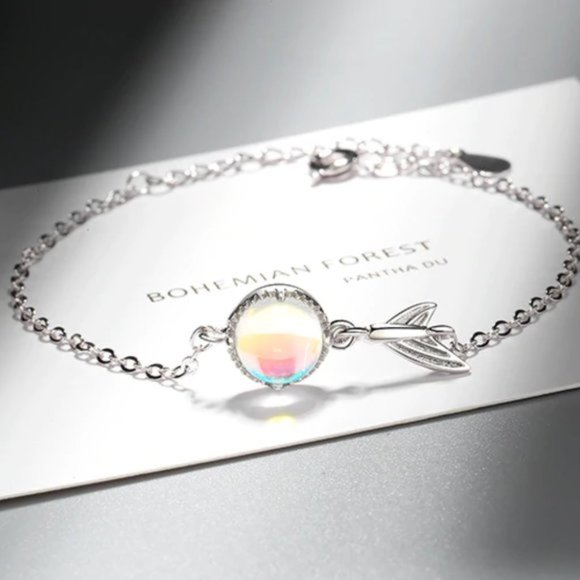 NEW Silver Cute Natural Rainbow Moonstone Charm Bracelet - Picture 2 of 6